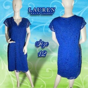 Lauren Ralph Lauren Sapphire Blue Lace Sheath Dress Size 12 Wedding Formal